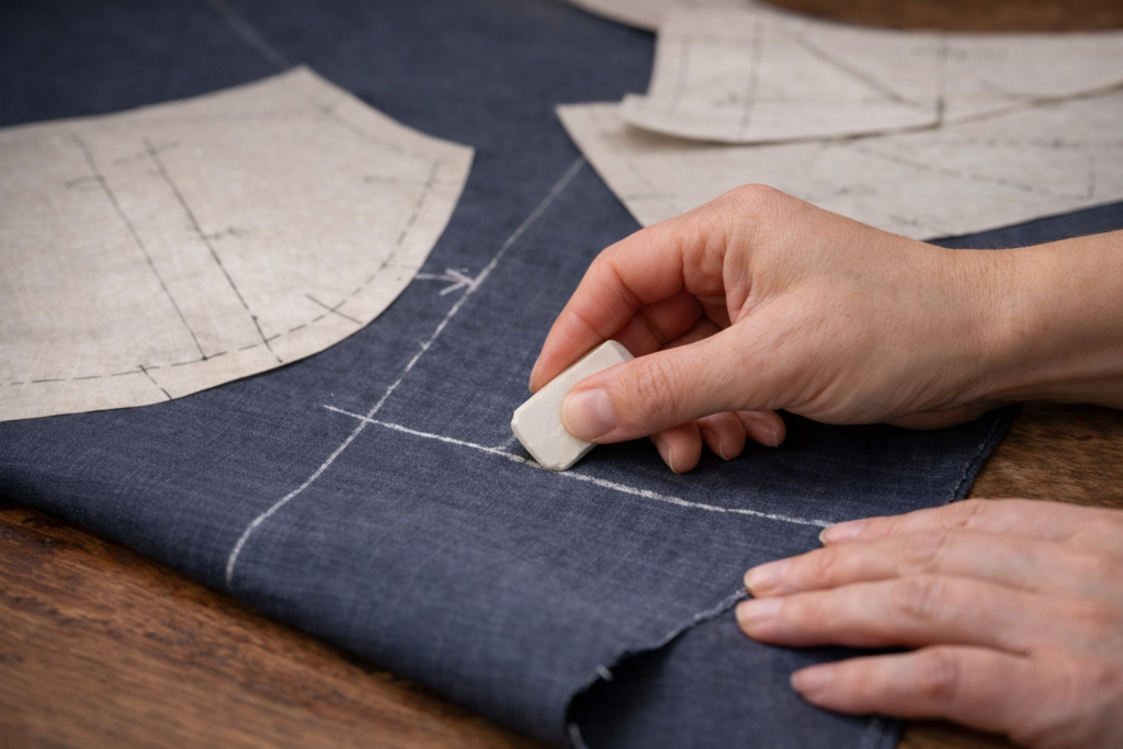 Person som markerar ändringar direkt på ett tyg med krita utifrån ett symönster