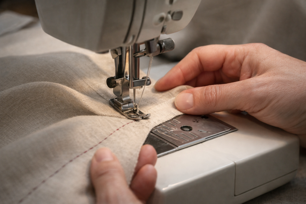 Två tygdelar som sys ihop längs en böjd söm på en symaskin, där tyget börjar få tredimensionell form