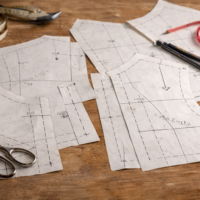 Utspridda symönsterdelar på papper med markeringar för insnitt, trådriktning och sömlinjer på ett arbetsbord