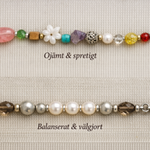 Armband med olika pärlor som visar skillnaden mellan obalanserad och harmonisk design i smyckestillverkning