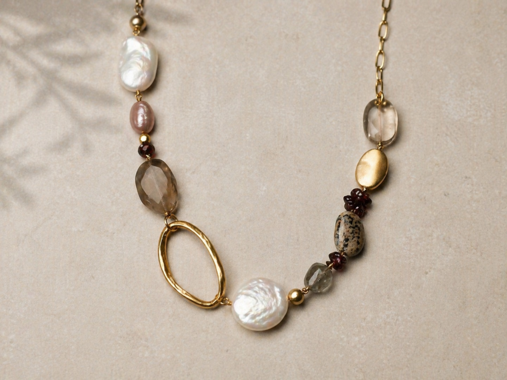 Närbild av handgjort halsband med asymmetrisk design där pärlor och metallinslag i olika storlekar skapar en balanserad helhet